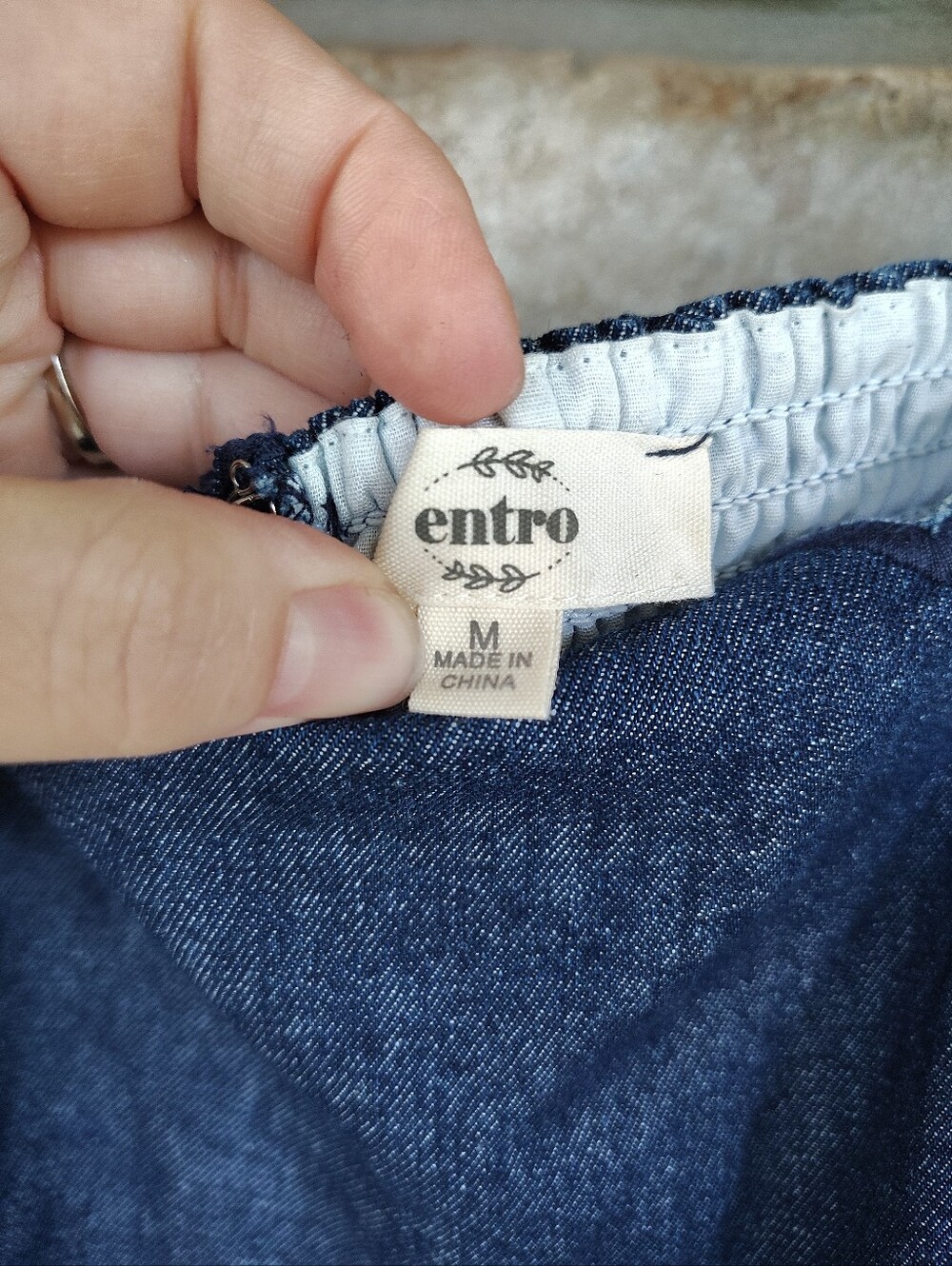 Entro Denim Babydoll Mini Dress M Blue Scalloped Neck Puff Bubble Sleeve Pockets - Picture 4 of 9